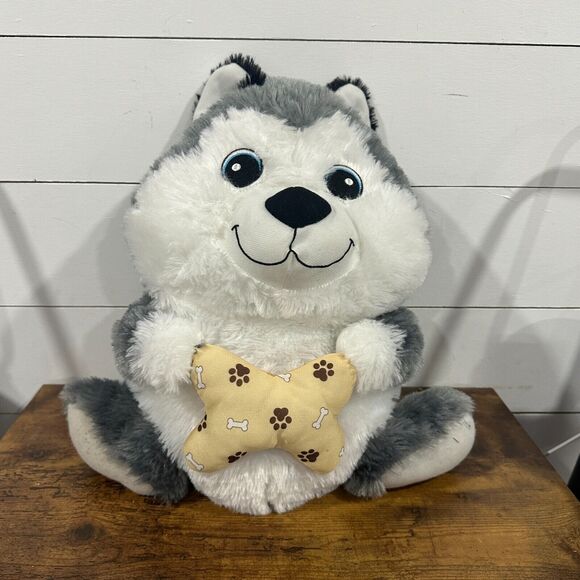 Goffa Husky Dog Plush Stuffed Animal Puppy Gray White 16" Holding Bone - Picture 1 of 6